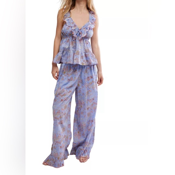 NWT Free People Tangled Lights Floral Periwinkle Blue Women's Cotton Pajama Set - Picture 2 of 6